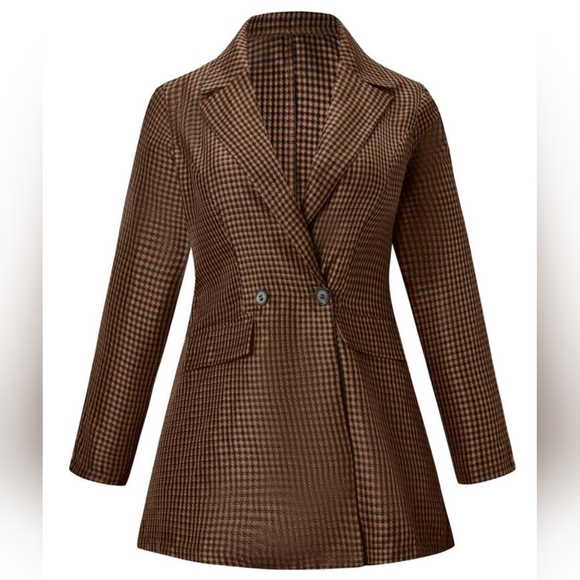 Profesional Brown and Black Checkered Double Breasted Plus Size Blazer - Picture 3 of 7